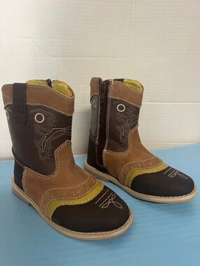 Kids Brown and Yellow Western Zip Boots - Classic Pull-On Style